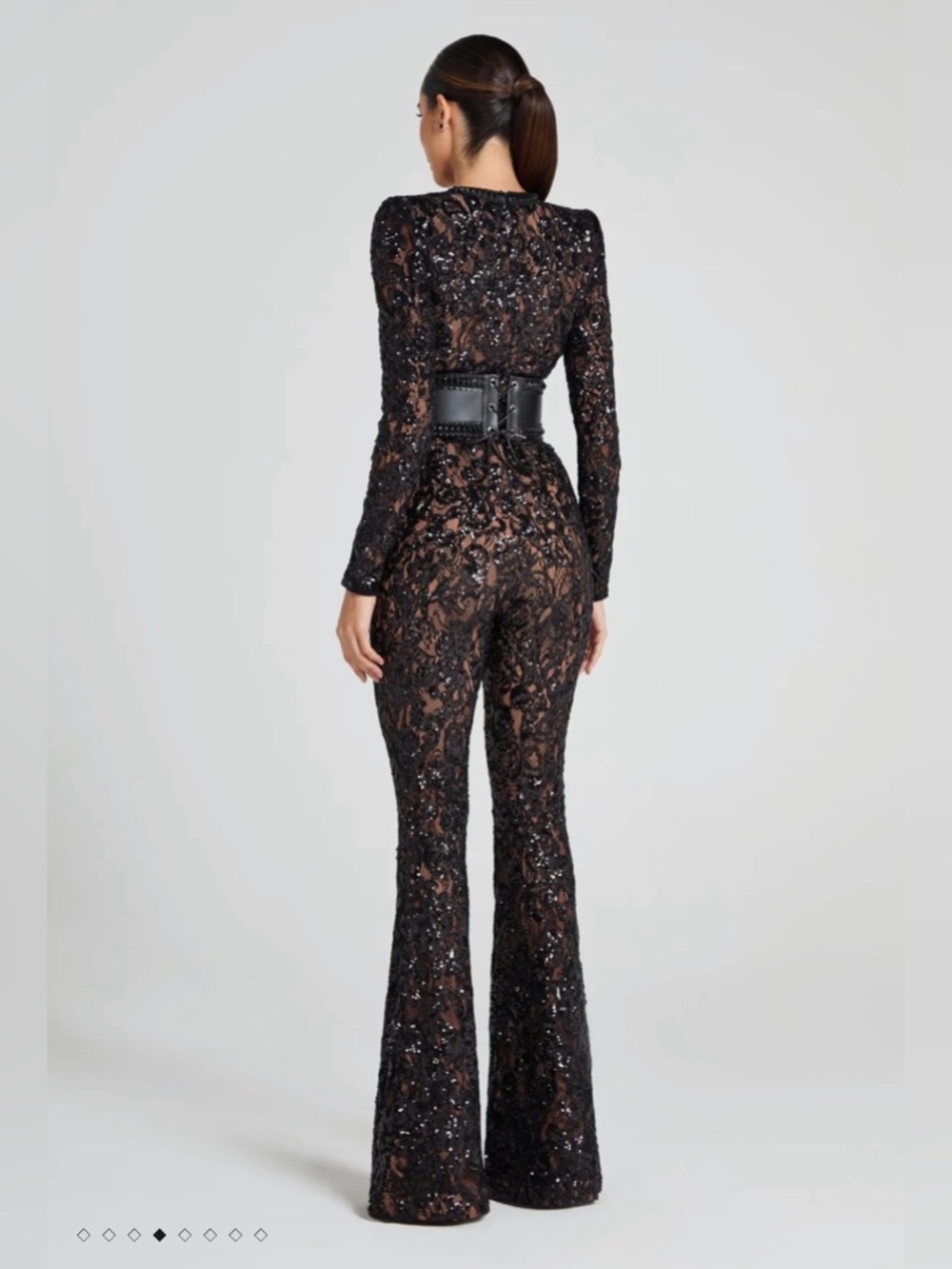 NADINE MERABI Black Sequin Lace Flared Jumpsuit